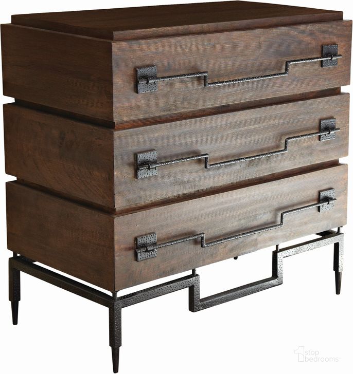 The appearance of Scratch Three Drawer Chest In Brown designed by Global Views in the modern / contemporary interior design. This brown piece of furniture  was selected by 1StopBedrooms from Scratch Collection to add a touch of cosiness and style into your home. Sku: 9.91024. Product Type: Chest. Material: Iron. Image1