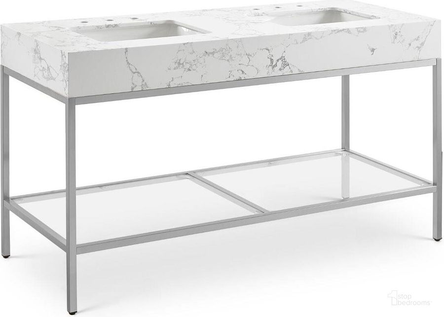 The appearance of Seaglen White and Silver Bathroom Vanity Bathroom Furniture 0qb24543927 designed by Furnique in the modern / contemporary interior design. This white and silver piece of furniture  was selected by 1StopBedrooms from Seaglen Collection to add a touch of cosiness and style into your home. Sku: 408White-60. Material: Marble. Product Type: Bathroom Vanity. Image1