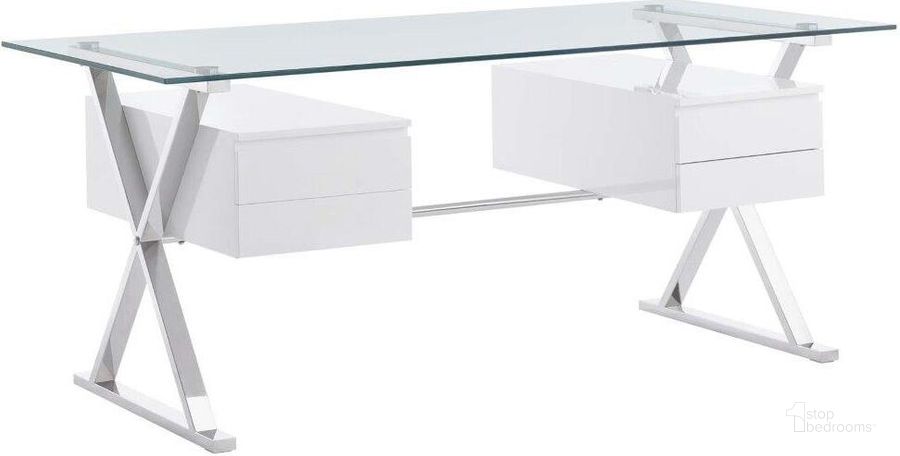 The appearance of Sector 71 Inch Glass Top Glass Office Desk In White designed by Modway in the modern / contemporary interior design. This white piece of furniture  was selected by 1StopBedrooms from Sector Collection to add a touch of cosiness and style into your home. Sku: EEI-6226-WHI. Material: Steel. Product Type: Office Desk. Image1