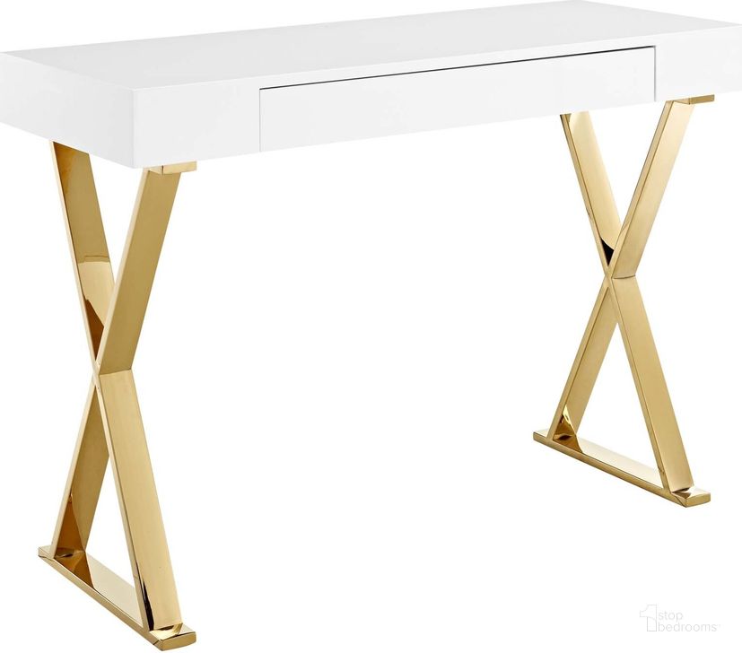 The appearance of Sector White and Gold Console Table EEI-3032-WHI designed by Modway in the modern / contemporary interior design. This white and gold piece of furniture  was selected by 1StopBedrooms from Sector Collection to add a touch of cosiness and style into your home. Sku: EEI-3032-WHI. Material: Steel. Product Type: Console Table. Image1
