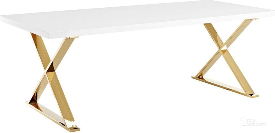 The appearance of Sector White and Gold Dining Table EEI-3034-WHI designed by Modway in the modern / contemporary interior design. This white and gold piece of furniture  was selected by 1StopBedrooms from Sector Collection to add a touch of cosiness and style into your home. Sku: EEI-3034-WHI. Table Base Style: Double Pedestal. Product Type: Dining Table. Material: MDF. Table Top Shape: Rectangular. Image1
