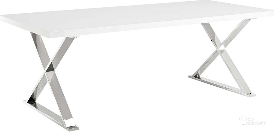 The appearance of Sector White and Silver Dining Table EEI-3033-WHI designed by Modway in the modern / contemporary interior design. This white and silver piece of furniture  was selected by 1StopBedrooms from Sector Collection to add a touch of cosiness and style into your home. Sku: EEI-3033-WHI. Table Base Style: Double Pedestal. Product Type: Dining Table. Material: MDF. Table Top Shape: Rectangular. Image1