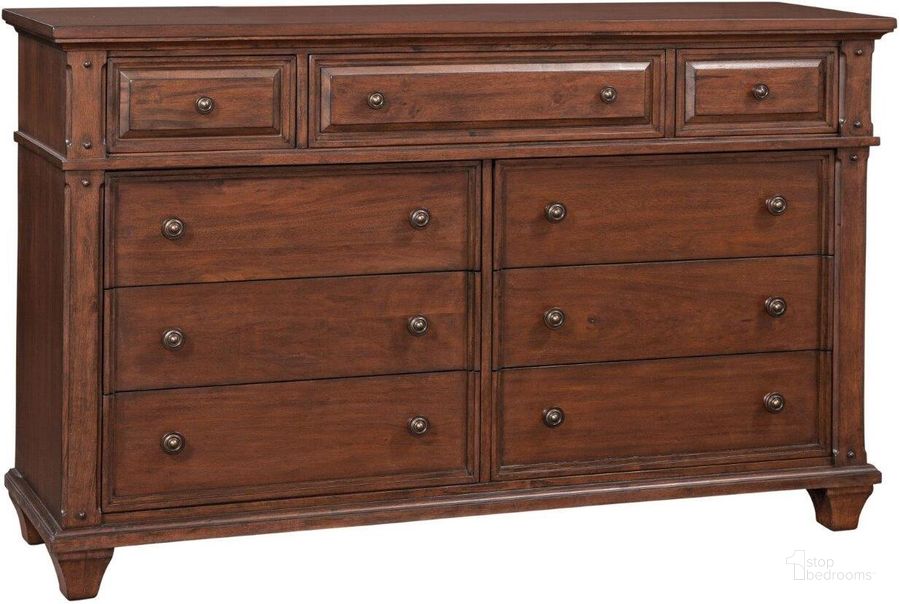 The appearance of Sedona Cinnamon Cherry Dresser designed by American Woodcrafters in the transitional interior design. This brown piece of furniture  was selected by 1StopBedrooms from Sedona Collection to add a touch of cosiness and style into your home. Sku: 2400-270. Material: Wood. Product Type: Dresser. Image1