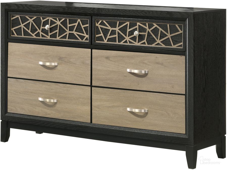 The appearance of Selena 6 Drawer Dresser with Wooden Pattern In Black designed by Galaxy Home Furnishings in the modern / contemporary interior design. This black piece of furniture  was selected by 1StopBedrooms from Selena Collection to add a touch of cosiness and style into your home. Sku: 601955549509. Material: Wood. Product Type: Dresser. Image1