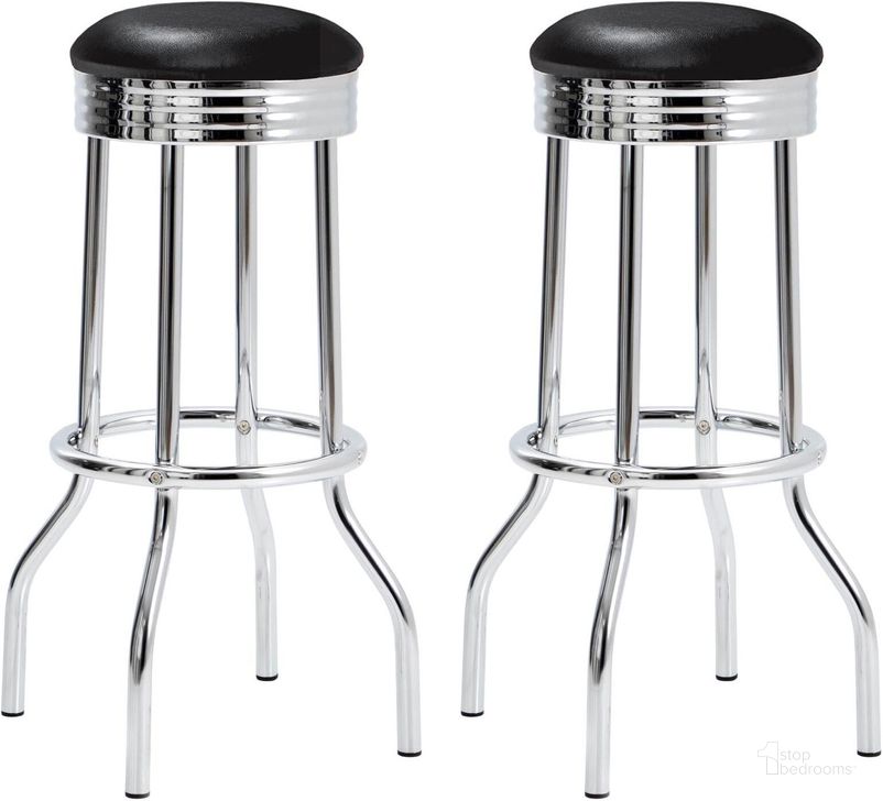 The appearance of Selter Black Barstool Set of 2 designed by Artisan Elegance in the modern / contemporary interior design. This black piece of furniture  was selected by 1StopBedrooms from Selter Collection to add a touch of cosiness and style into your home. Sku: 2408. Material: Metal. Product Type: Barstool. Image1