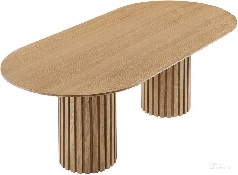 The appearance of Senja Oak 95 Inch Oval Dining Table designed by Modway in the modern / contemporary interior design. This oak piece of furniture  was selected by 1StopBedrooms from Senja Collection to add a touch of cosiness and style into your home. Sku: EEI-6065-OAK-SET. Table Base Style: Double Pedestal. Table Top Shape: Oval. Product Type: Dining Table. Material: Wood Veneer. Size: 95". Image1