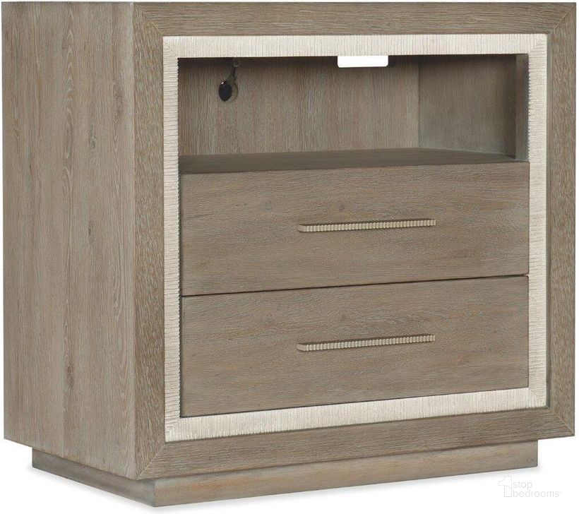 The appearance of Serenity Balboa Two Drawer Nightstand designed by Hooker in the transitional interior design. This gray piece of furniture  was selected by 1StopBedrooms from Serenity Collection to add a touch of cosiness and style into your home. Sku: 6350-90016-95. Product Type: Nightstand. Material: Wood Veneer. Image1