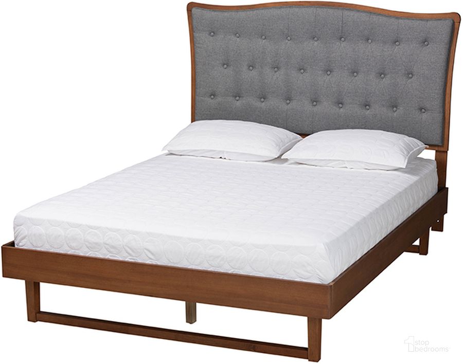 The appearance of Sereno Grey Fabric and Walnut Brown Finished Wood King Platform Bed designed by Baxton Studio in the traditional interior design. This grey and walnut piece of furniture  was selected by 1StopBedrooms from Sereno Collection to add a touch of cosiness and style into your home. Sku: MG9767/97043-King. Bed Type: Platform Bed. Product Type: Platform Bed. Bed Size: King. Material: Rubberwood. Image1