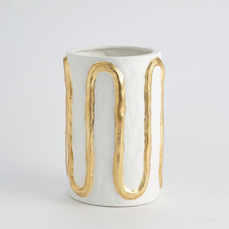 The appearance of Serpentine Small Vase In Matte White With Gold designed by Global Views in the modern / contemporary interior design. This gold piece of furniture  was selected by 1StopBedrooms from Serpentine Collection to add a touch of cosiness and style into your home. Sku: 3.31713. Material: Ceramic. Product Type: Vase. Image1