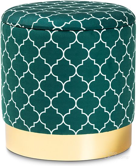 The appearance of Serra Glam And Luxe Teal Green Quatrefoil Velvet Fabric Upholstered Gold Finished Metal Storage Ottoman designed by Baxton Studio in the transitional interior design. This blue/green piece of furniture  was selected by 1StopBedrooms from Serra Collection to add a touch of cosiness and style into your home. Sku: JY19A257-Teal/Gold-Otto. Product Type: Ottoman. Material: MDF. Image1
