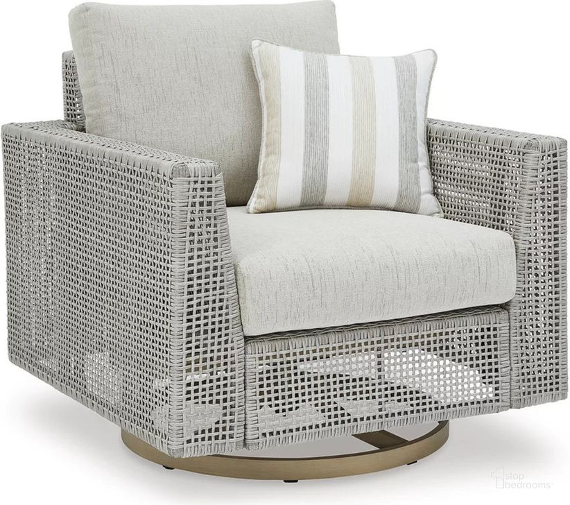The appearance of Seton Creek Gray Outdoor Swivel Lounge With Cushion designed by Signature Design by Ashley in the transitional interior design. This gray piece of furniture  was selected by 1StopBedrooms from Seton Collection to add a touch of cosiness and style into your home. Sku: P798-821. Material: Fabric. Product Type: Outdoor Lounge Chair. Image1