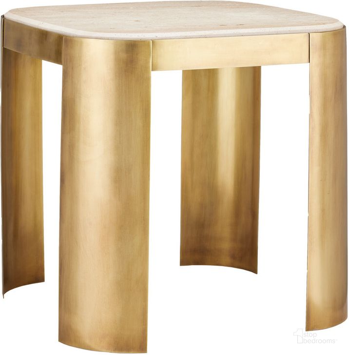 The appearance of Sev Travertine Accent Table In Natural and Gold designed by Currey & Company in the modern / contemporary interior design. This natural/gold piece of furniture  was selected by 1StopBedrooms from Sev Collection to add a touch of cosiness and style into your home. Sku: 4000-0161. Product Type: Accent Table. Material: Stainless Steel. Image1