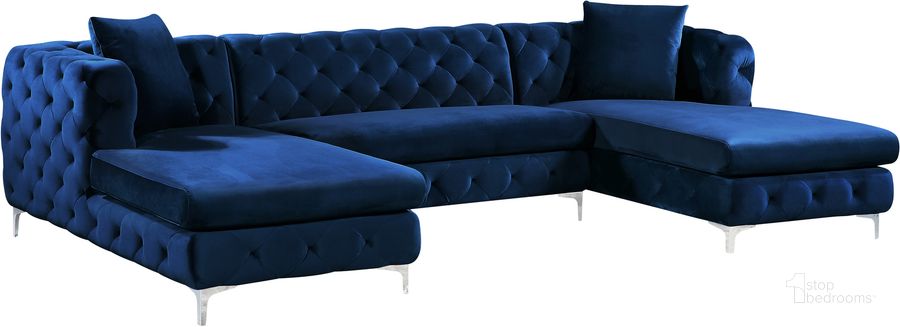 The appearance of Sextonville Navy Velvet Sectional designed by Furnique in the modern / contemporary interior design. This navy velvet piece of furniture  was selected by 1StopBedrooms from Sextonville Collection to add a touch of cosiness and style into your home. Sku: 664Navy-Sectional-1;664Navy-Sectional-2;664Navy-Sectional-3. Material: Wood. Product Type: Sectional. Layout: U-Shape. Image1
