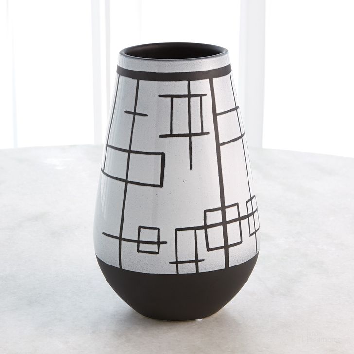 The appearance of Sgraffito Black And White Large Vase In Black designed by Global Views in the modern / contemporary interior design. This black piece of furniture  was selected by 1StopBedrooms from Sgraffito Collection to add a touch of cosiness and style into your home. Sku: 3.31688. Material: Ceramic. Product Type: Vase. Image1