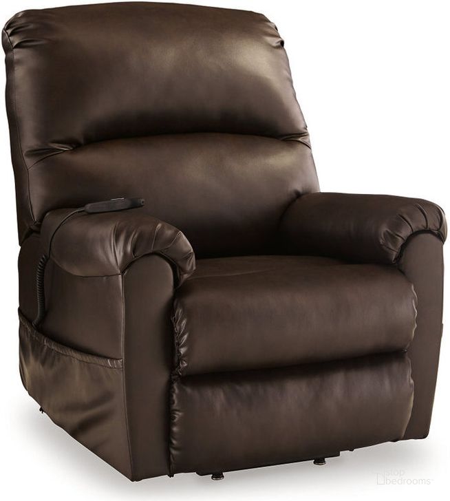 The appearance of Shadowboxer Chocolate Power Lift Recliner designed by Signature Design by Ashley in the modern / contemporary interior design. This bronze/brown faux leather piece of furniture  was selected by 1StopBedrooms from Shadowboxer Collection to add a touch of cosiness and style into your home. Sku: 4710412. Material: Fabric. Product Type: Recliner. Image1
