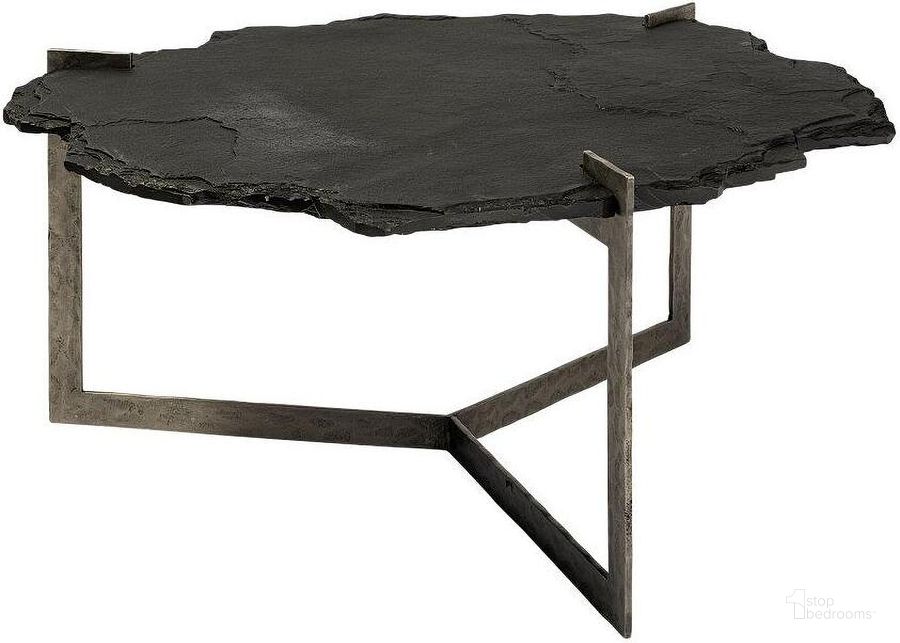 The appearance of Shale 37 Inch Irregular Live-Edge Black Slate With Flat Iron Base Coffee Table designed by Mercana in the modern / contemporary interior design. This black piece of furniture  was selected by 1StopBedrooms from Shale Collection to add a touch of cosiness and style into your home. Sku: 69049-AB. Product Type: Coffee Table. Material: Iron. Image1