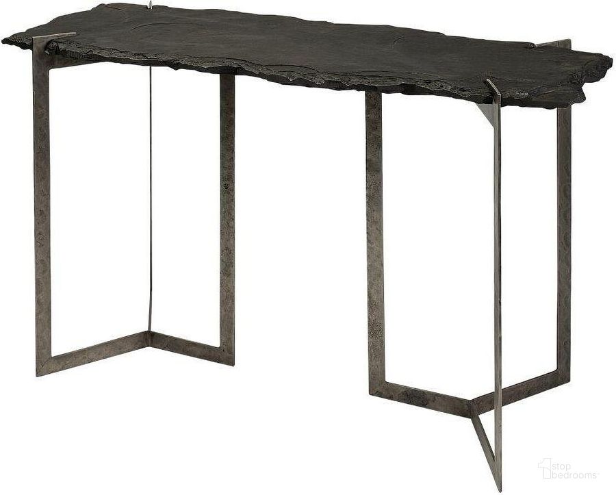 The appearance of Shale Iii Black Live-Edge Slate And Iron Console Table designed by Mercana in the industrial interior design. This black piece of furniture  was selected by 1StopBedrooms from Shale Collection to add a touch of cosiness and style into your home. Sku: 69050-AB. Product Type: Console Table. Material: Iron. Image1