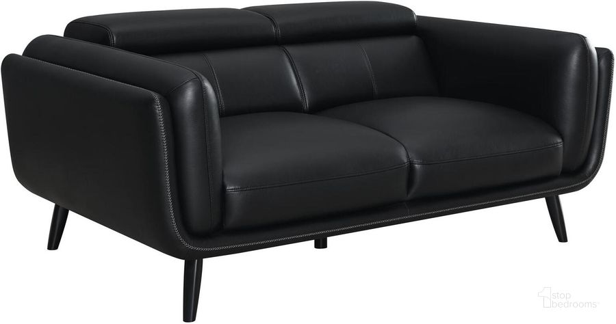 The appearance of Shania Track Arms Loveseat With Tapered Legs Black designed by Coaster in the rustic / southwestern interior design. This black piece of furniture  was selected by 1StopBedrooms from Shania Collection to add a touch of cosiness and style into your home. Sku: 509922. Material: Wood. Product Type: Loveseat. Image1