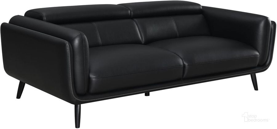 The appearance of Shania Track Arms Sofa With Tapered Legs Black designed by Coaster in the modern / contemporary interior design. This black piece of furniture  was selected by 1StopBedrooms from Shania Collection to add a touch of cosiness and style into your home. Sku: 509921. Material: Wood. Product Type: Sofa. Image1