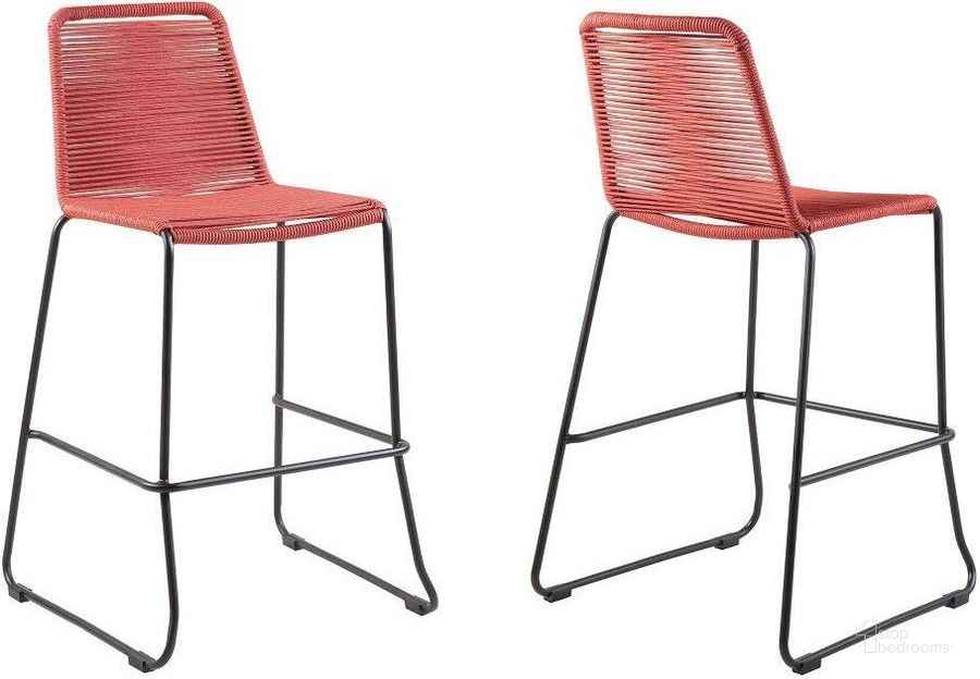 The appearance of Shasta 26 Inch Outdoor Metal And Brick Red Rope Stackable Counter Stool Set Of 2 designed by Armen Living in the modern / contemporary interior design. This brick red piece of furniture  was selected by 1StopBedrooms from Shasta Collection to add a touch of cosiness and style into your home. Sku: LCSTBABLBRK26. Product Type: Barstool. Material: Rope. Image1