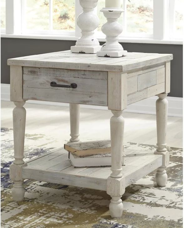 The appearance of Shawnalore White Rectangular End Table designed by Signature Design by Ashley in the modern / contemporary interior design. This white wash piece of furniture  was selected by 1StopBedrooms from Shawnalore Collection to add a touch of cosiness and style into your home. Sku: T782-3. Material: Wood. Product Type: End Table. Table Top Shape: Rectangular. Image1