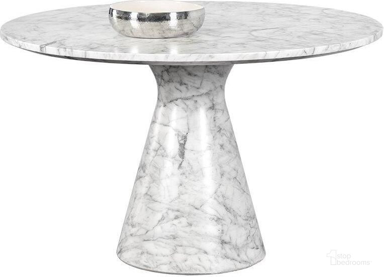 The appearance of Shelburne 47 Inch Dining Table In Marble Look And White designed by Sunpan in the modern / contemporary interior design. This white piece of furniture  was selected by 1StopBedrooms from Shelburne Collection to add a touch of cosiness and style into your home. Sku: 106642. Table Base Style: Pedestal. Table Top Shape: Round. Material: Wood. Product Type: Dining Table. Size: 47". Image1