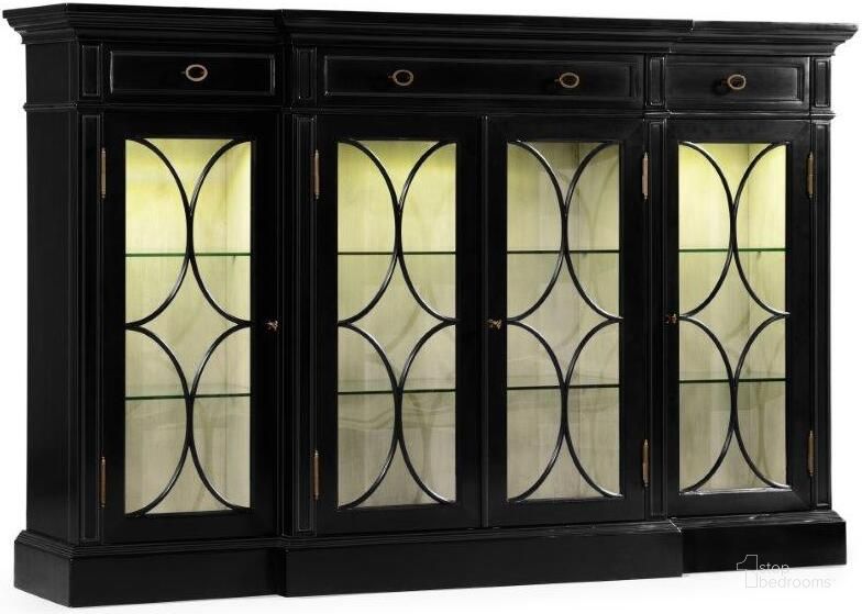The appearance of Sherwood Oak Four Door Breakfront Black Display Cabinet designed by Jonathan Charles in the traditional interior design. This black piece of furniture  was selected by 1StopBedrooms from Sherwood Collection to add a touch of cosiness and style into your home. Sku: 495144-BLA. Material: Wood. Product Type: Cabinet. Image1