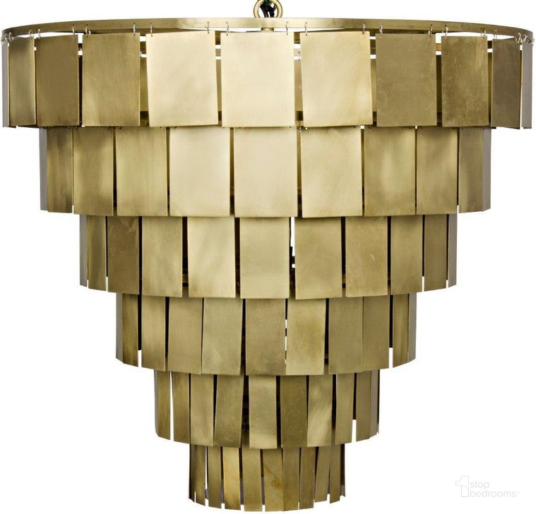 The appearance of Shield Chandelier In Metal With Brass Finish designed by Noir in the transitional interior design. This antique brass piece of furniture  was selected by 1StopBedrooms from  to add a touch of cosiness and style into your home. Sku: LAMP610MB. Material: Steel. Product Type: Chandelier. Image1