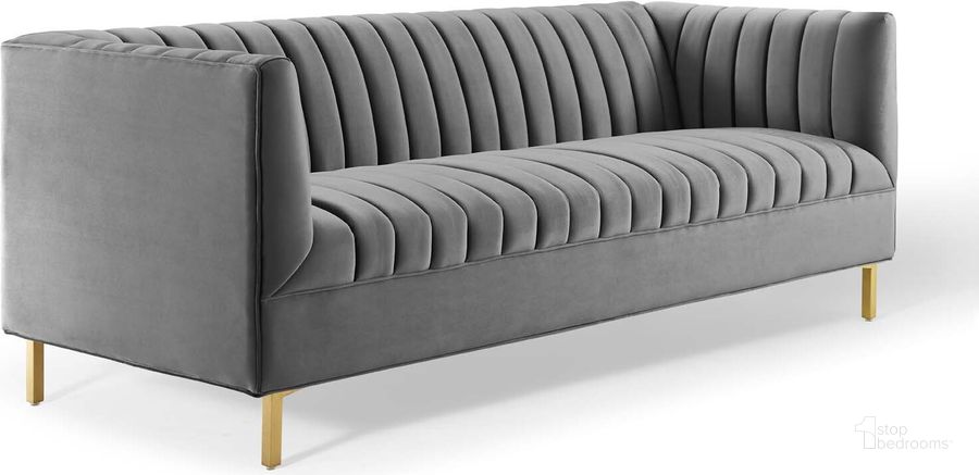 The appearance of Shift Channel Tufted Performance Velvet Sofa EEI-4132-GRY designed by Modway in the modern / contemporary interior design. This gray piece of furniture  was selected by 1StopBedrooms from Shift Collection to add a touch of cosiness and style into your home. Sku: EEI-4132-GRY. Material: Polyester. Product Type: Sofa. Image1