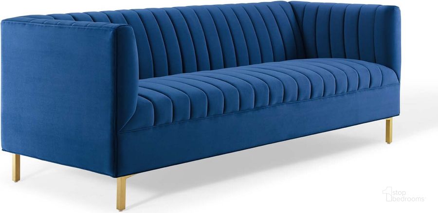 The appearance of Shift Channel Tufted Performance Velvet Sofa EEI-4132-NAV designed by Modway in the modern / contemporary interior design. This navy piece of furniture  was selected by 1StopBedrooms from Shift Collection to add a touch of cosiness and style into your home. Sku: EEI-4132-NAV. Material: Polyester. Product Type: Sofa. Image1