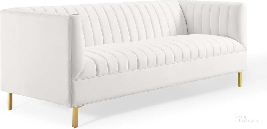 The appearance of Shift Channel Tufted Performance Velvet Sofa EEI-4132-WHI designed by Modway in the modern / contemporary interior design. This white piece of furniture  was selected by 1StopBedrooms from Shift Collection to add a touch of cosiness and style into your home. Sku: EEI-4132-WHI. Material: Polyester. Product Type: Sofa. Image1