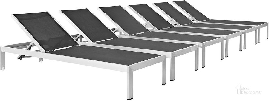 The appearance of Shore Silver and Black Chaise Outdoor Patio Aluminum Set of 6 designed by Modway in the modern / contemporary interior design. This silver and black piece of furniture  was selected by 1StopBedrooms from Shore Collection to add a touch of cosiness and style into your home. Sku: EEI-2474-SLV-BLK-SET. Material: Aluminum. Product Type: Outdoor Chaise Lounge. Image1