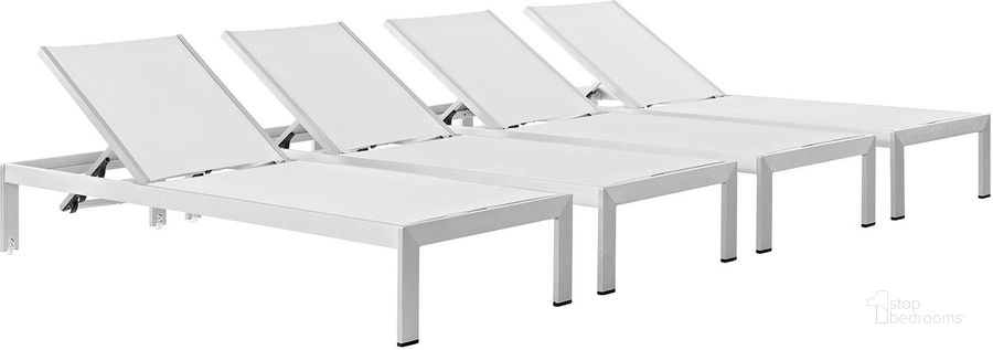 The appearance of Shore Silver and White Chaise Outdoor Patio Aluminum Set of 4 designed by Modway in the modern / contemporary interior design. This silver and white piece of furniture  was selected by 1StopBedrooms from Shore Collection to add a touch of cosiness and style into your home. Sku: EEI-2473-SLV-WHI-SET. Material: Aluminum. Product Type: Outdoor Chaise Lounge. Image1
