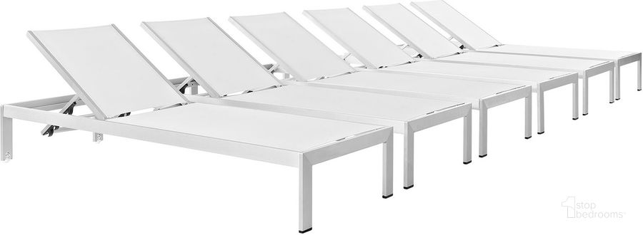 The appearance of Shore Silver and White Chaise Outdoor Patio Aluminum Set of 6 designed by Modway in the modern / contemporary interior design. This silver and white piece of furniture  was selected by 1StopBedrooms from Shore Collection to add a touch of cosiness and style into your home. Sku: EEI-2474-SLV-WHI-SET. Material: Aluminum. Product Type: Outdoor Chaise Lounge. Image1