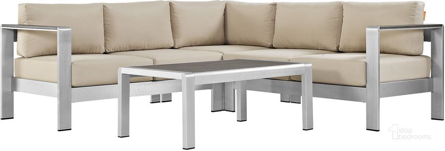 The appearance of Shore Silver Beige 4 Piece Outdoor Patio Aluminum Sectional Sofa Set designed by Modway in the modern / contemporary interior design. This silver beige piece of furniture  was selected by 1StopBedrooms from Shore Collection to add a touch of cosiness and style into your home. Sku: EEI-2559-SLV-BEI. Material: Wood. Product Type: Outdoor Sofa. Image1