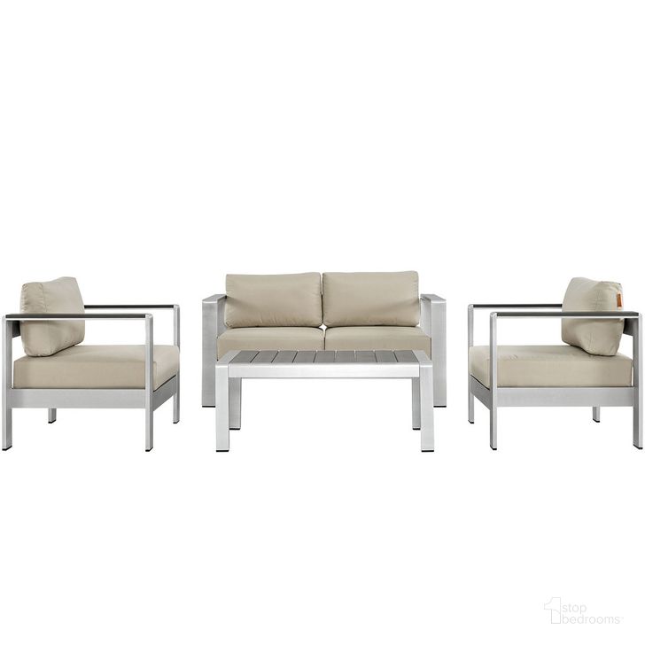 The appearance of Shore 4-Piece Outdoor Patio Aluminum Sectional Sofa Set In Silver Beige designed by Modway in the modern / contemporary interior design. This silver beige piece of furniture  was selected by 1StopBedrooms from Shore Collection to add a touch of cosiness and style into your home. Sku: EEI-2567-SLV-BEI. Product Type: Outdoor Sectional. Material: Foam. Image1