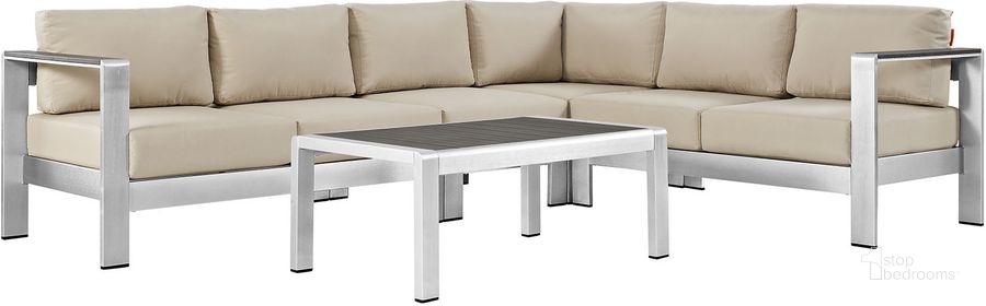 The appearance of Shore Silver Beige 5 Piece Outdoor Patio Aluminum Sectional Sofa Set EEI-2557-SLV-BEI designed by Modway in the modern / contemporary interior design. This silver beige piece of furniture  was selected by 1StopBedrooms from Shore Collection to add a touch of cosiness and style into your home. Sku: EEI-2557-SLV-BEI. Material: Wood. Product Type: Outdoor Sofa. Image1