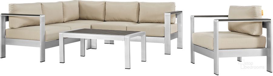 The appearance of Shore Silver Beige 5 Piece Outdoor Patio Aluminum Sectional Sofa Set EEI-2560-SLV-BEI designed by Modway in the modern / contemporary interior design. This silver beige piece of furniture  was selected by 1StopBedrooms from Shore Collection to add a touch of cosiness and style into your home. Sku: EEI-2560-SLV-BEI. Material: Wood. Product Type: Outdoor Sofa. Image1