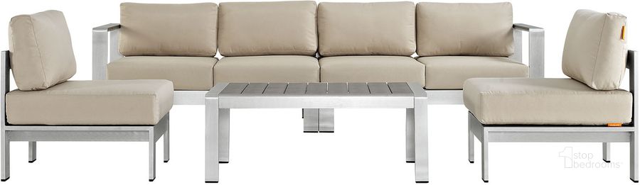 The appearance of Shore Silver Beige 5 Piece Outdoor Patio Aluminum Sectional Sofa Set EEI-2564-SLV-BEI designed by Modway in the modern / contemporary interior design. This silver beige piece of furniture  was selected by 1StopBedrooms from Shore Collection to add a touch of cosiness and style into your home. Sku: EEI-2564-SLV-BEI. Material: Wood. Product Type: Outdoor Sofa. Image1