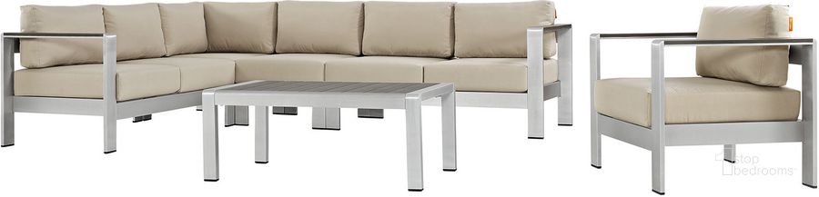 The appearance of Shore Silver Beige 6 Piece Outdoor Patio Aluminum Sectional Sofa Set EEI-2558-SLV-BEI designed by Modway in the modern / contemporary interior design. This silver beige piece of furniture  was selected by 1StopBedrooms from Shore Collection to add a touch of cosiness and style into your home. Sku: EEI-2558-SLV-BEI. Material: Wood. Product Type: Outdoor Sofa. Image1
