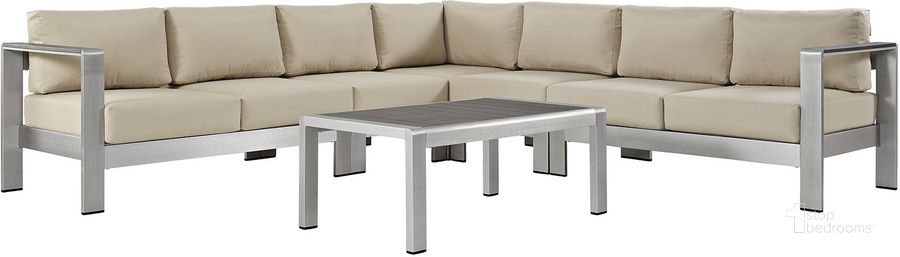 The appearance of Shore Silver Beige 6 Piece Outdoor Patio Aluminum Sectional Sofa Set EEI-2561-SLV-BEI designed by Modway in the modern / contemporary interior design. This silver beige piece of furniture  was selected by 1StopBedrooms from Shore Collection to add a touch of cosiness and style into your home. Sku: EEI-2561-SLV-BEI. Material: Wood. Product Type: Outdoor Sofa. Image1