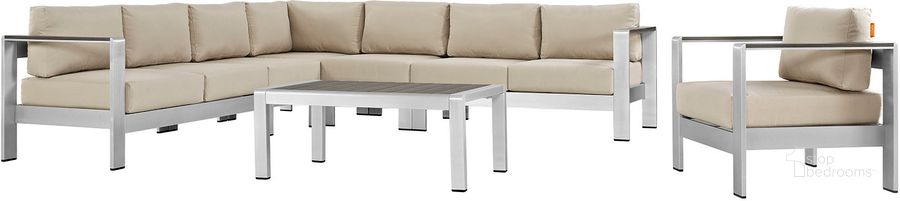 The appearance of Shore Silver Beige 7 Piece Outdoor Patio Aluminum Sectional Sofa Set EEI-2562-SLV-BEI designed by Modway in the modern / contemporary interior design. This silver beige piece of furniture  was selected by 1StopBedrooms from Shore Collection to add a touch of cosiness and style into your home. Sku: EEI-2562-SLV-BEI. Material: Wood. Product Type: Outdoor Sofa. Image1