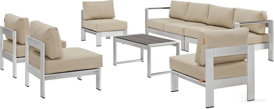 The appearance of Shore Silver Beige 7 Piece Outdoor Patio Sectional Sofa Set EEI-2566-SLV-BEI designed by Modway in the modern / contemporary interior design. This silver beige piece of furniture  was selected by 1StopBedrooms from Shore Collection to add a touch of cosiness and style into your home. Sku: EEI-2566-SLV-BEI. Material: Wood. Product Type: Outdoor Sofa. Image1