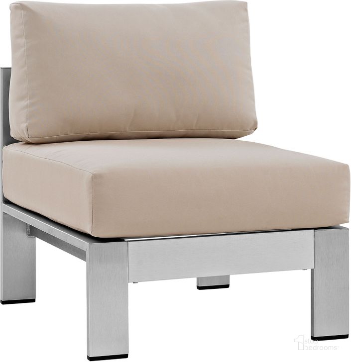 The appearance of Shore Silver Beige Armless Outdoor Patio Aluminum Chair designed by Modway in the modern / contemporary interior design. This silver beige piece of furniture  was selected by 1StopBedrooms from Shore Collection to add a touch of cosiness and style into your home. Sku: EEI-2263-SLV-BEI. Product Type: Outdoor Chair. Material: Foam. Image1