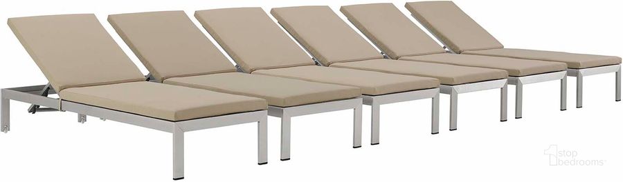 The appearance of Shore Silver Beige Chaise with Cushions Outdoor Patio Aluminum Set of 6 designed by Modway in the modern / contemporary interior design. This silver beige piece of furniture  was selected by 1StopBedrooms from Shore Collection to add a touch of cosiness and style into your home. Sku: EEI-2739-SLV-BEI-SET. Material: Aluminum. Product Type: Outdoor Chaise Lounge. Image1