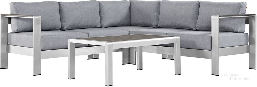 The appearance of Shore Silver Gray 4 Piece Outdoor Patio Aluminum Sectional Sofa Set EEI-2559-SLV-GRY designed by Modway in the modern / contemporary interior design. This silver gray piece of furniture  was selected by 1StopBedrooms from Shore Collection to add a touch of cosiness and style into your home. Sku: EEI-2559-SLV-GRY. Material: Wood. Product Type: Outdoor Sofa. Image1