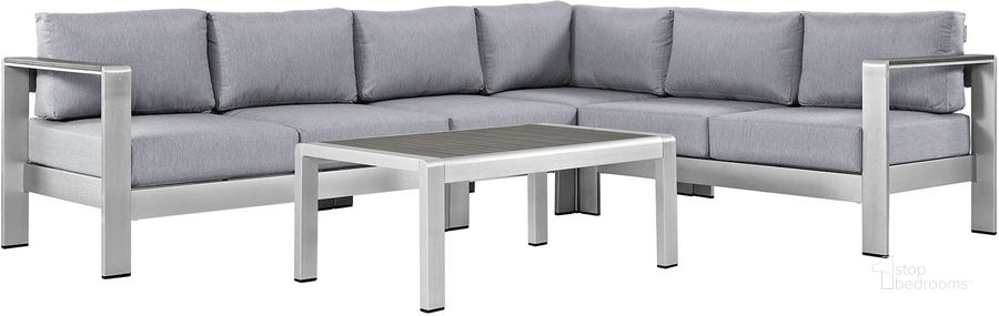The appearance of Shore Silver Gray 5 Piece Outdoor Patio Aluminum Sectional Sofa Set EEI-2557-SLV-GRY designed by Modway in the modern / contemporary interior design. This silver gray piece of furniture  was selected by 1StopBedrooms from Shore Collection to add a touch of cosiness and style into your home. Sku: EEI-2557-SLV-GRY. Material: Wood. Product Type: Outdoor Sofa. Image1