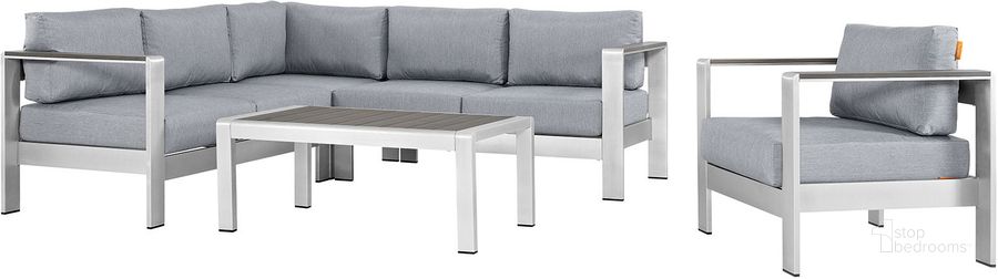 The appearance of Shore Silver Gray 5 Piece Outdoor Patio Aluminum Sectional Sofa Set EEI-2560-SLV-GRY designed by Modway in the modern / contemporary interior design. This silver gray piece of furniture  was selected by 1StopBedrooms from Shore Collection to add a touch of cosiness and style into your home. Sku: EEI-2560-SLV-GRY. Material: Wood. Product Type: Outdoor Sofa. Image1