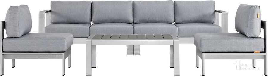 The appearance of Shore Silver Gray 5 Piece Outdoor Patio Aluminum Sectional Sofa Set EEI-2564-SLV-GRY designed by Modway in the modern / contemporary interior design. This silver gray piece of furniture  was selected by 1StopBedrooms from Shore Collection to add a touch of cosiness and style into your home. Sku: EEI-2564-SLV-GRY. Material: Wood. Product Type: Outdoor Sofa. Image1