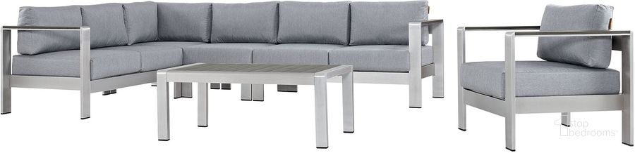 The appearance of Shore Silver Gray 6 Piece Outdoor Patio Aluminum Sectional Sofa Set EEI-2558-SLV-GRY designed by Modway in the modern / contemporary interior design. This silver gray piece of furniture  was selected by 1StopBedrooms from Shore Collection to add a touch of cosiness and style into your home. Sku: EEI-2558-SLV-GRY. Material: Wood. Product Type: Outdoor Sofa. Image1